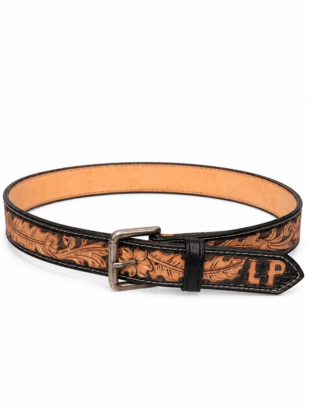 Tooled Leather Floral Belt - Black Tan handmade